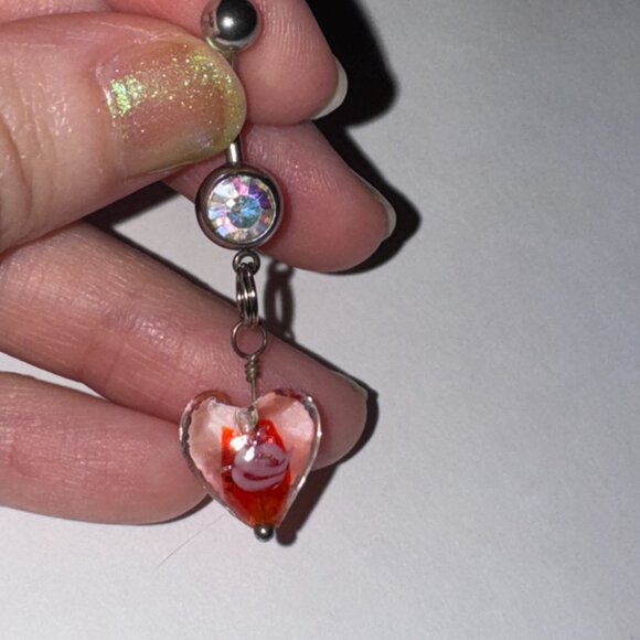 Red Lamp work Glass Heart Dangle Belly Rings - Picture 5 of 9